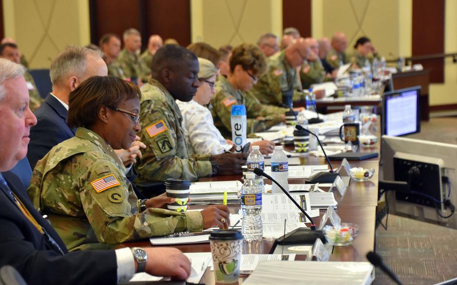 Leaders from across the Department of Defense, the Army and Fort Bragg meet at Forces Command Heaquarters July 19, 2018 to discuss the upcoming transition of the administration and management of Womack Army Medical Center from the U.S. Army Medical Command to the Defense Health Agency.  