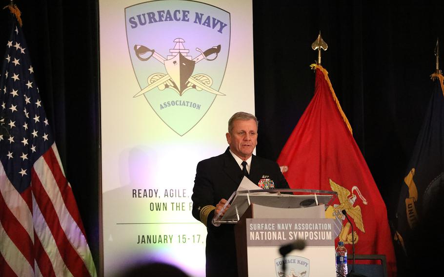 Vice Adm. Richard Brown, commander of Naval Surface Forces/Naval Surface Force U.S. Pacific Fleet, speaks at the Surface Navy Association’s 31st National Symposium Tuesday in Arlington, Va. The theme of this year’s gathering is “Ready, Agile, Focused: Own the Fight!” 