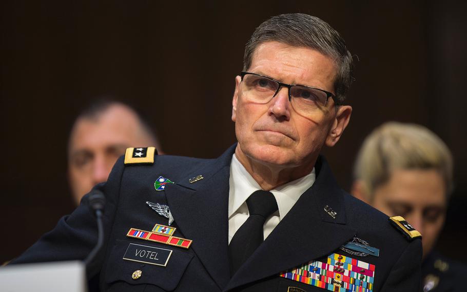 U.S. Central Command Commander Gen. Joseph Votel testifies during a Senate Armed Services Committee hearing on Capitol Hill in Washington on Tuesday, Feb. 5, 2019. Votel told lawmakers that instructions for the withdrawal of U.S. troops from Syria entail “a very, deliberate approach to how we depart.” 
