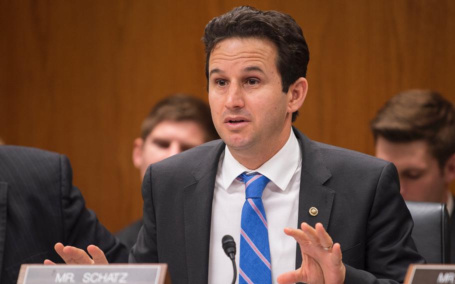 Sen. Brian Schatz, D-Hawaii, questions witnesses during a hearing on Capitol Hill in Washington on Feb. 5, 2019. Schatz, the ranking member of the Senate Appropriations' subcommittee for Military Construction and Veterans Affairs, said allegations that "three private individuals who meet at a private club ... have improper influence over the operation of the VA is a first-order scandal, if it’s true."