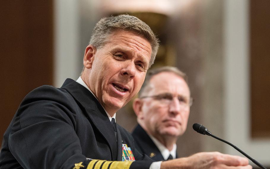 Commander of U.S. Indo-Pacific Command Adm. Philip Davidson testifies before the Senate Armed Services Committee on Tuesday, Feb. 12, 2019, during a hearing on Capitol Hill in Washington. In the background looking on is Commander of U.S. Forces Korea Gen. Robert Abrams.