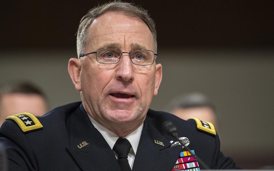 Commander of U.S. Forces Korea Gen. Robert Abrams testifies before the Senate Armed Services Committee on Tuesday, Feb. 12, 2019, during a hearing on Capitol Hill in Washington.