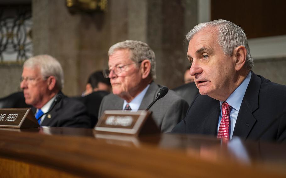 Senate Armed Services Committee Ranking Member Jack Reed, D-R.I., right, asks questions Tuesday, Feb. 12, 2019, during a hearing on Capitol Hill in Washington. Reed raised concerns about upcoming talks between President Donald Trump and North Korean leader Kim Jong Un. Committee Chairman Sen. James Inhofe, R-Okla., center, and Sen. Roger Wicker, R-Miss., are seen in the background.