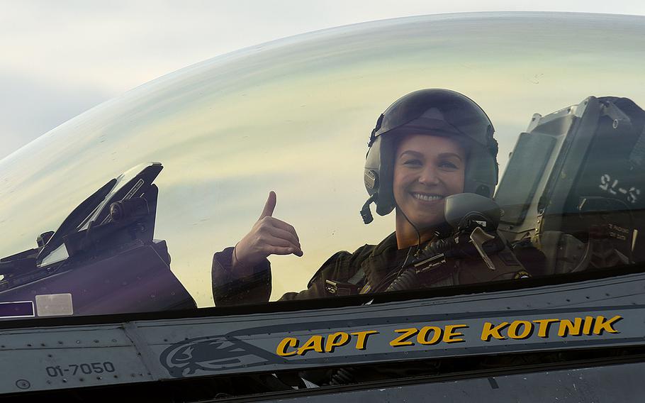Air Force Capt. Zoe "SiS" Kotnik, F-16 Viper Demonstration Team commander and pilot, smiles after a certification flight at Joint Base Langley-Eustis, Va., on Jan. 29, 2019. Kotnik was relieved of command on Monday, Feb. 11, just two weeks after taking the team’s reins, officials said Tuesday.