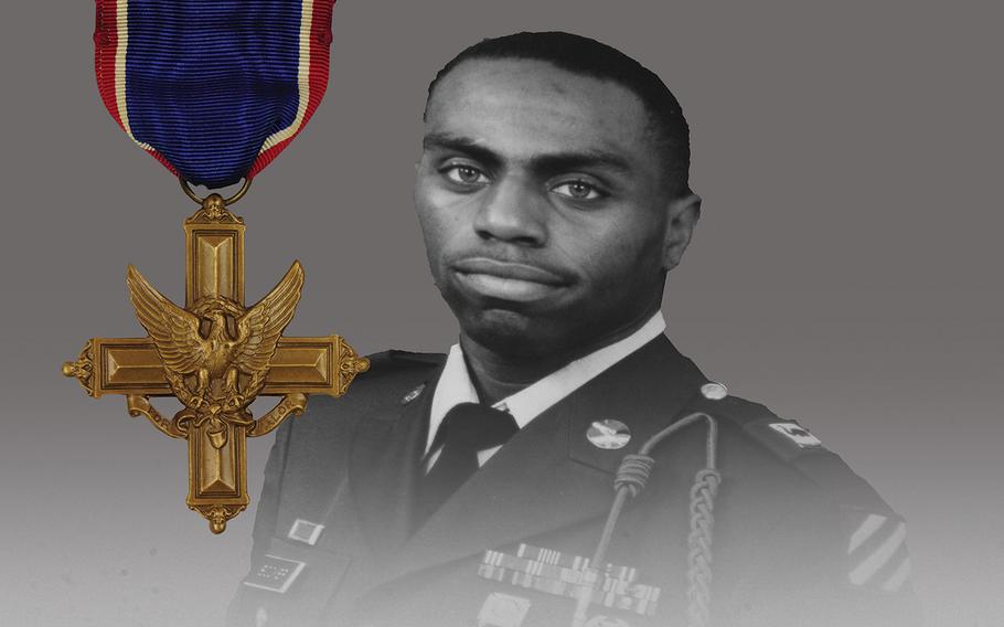 Staff Sgt. Stevon A. Booker, a 3rd Infantry Division Soldier who was assigned to Company A, 1st Battalion, 64th Armor Regiment and killed in action in Iraq in 2003, is depicted in a photo illustration alongside the Distinguished Service Cross medal, which he is slated to posthumously receive for his heroic actions during Operation Iraqi Freedom, April 5 in Pittsburgh, Pa.