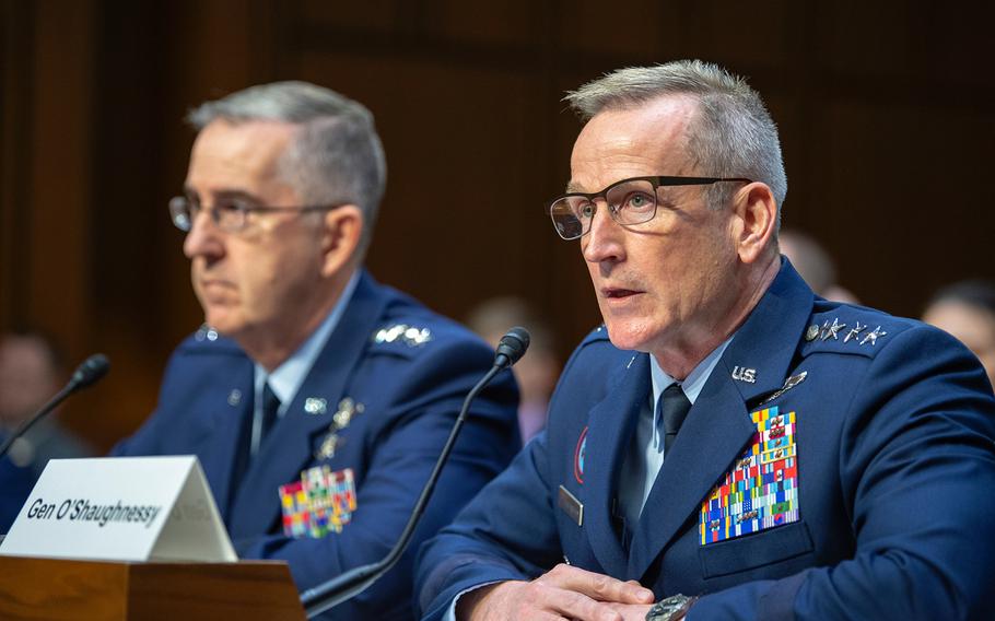 Commander of the U.S. Northern Command Gen. Terrence John O'Shaughnessy testifies during a Senate Armed Services Committee hearing on Capitol Hill in Washington on Tuesday, Feb. 26, 2019. In the background is the Commander of the U.S. Strategic Command Gen. John Hyten.