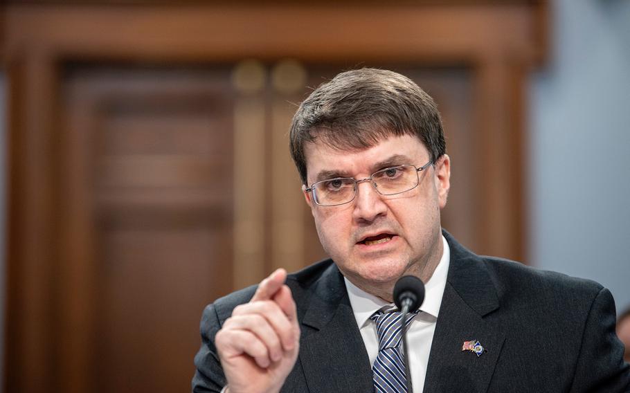 Veteran Affairs Secretary Robert Wilkie testifies during a House Appropriations subcommittee hearing on Capitol Hill in Washington on Tuesday, Feb. 26, 2019. Wilkie told members of the subcommittee that the VA will place Purple Heart recipients, "at the front of the line when it comes to claims before the veterans department."