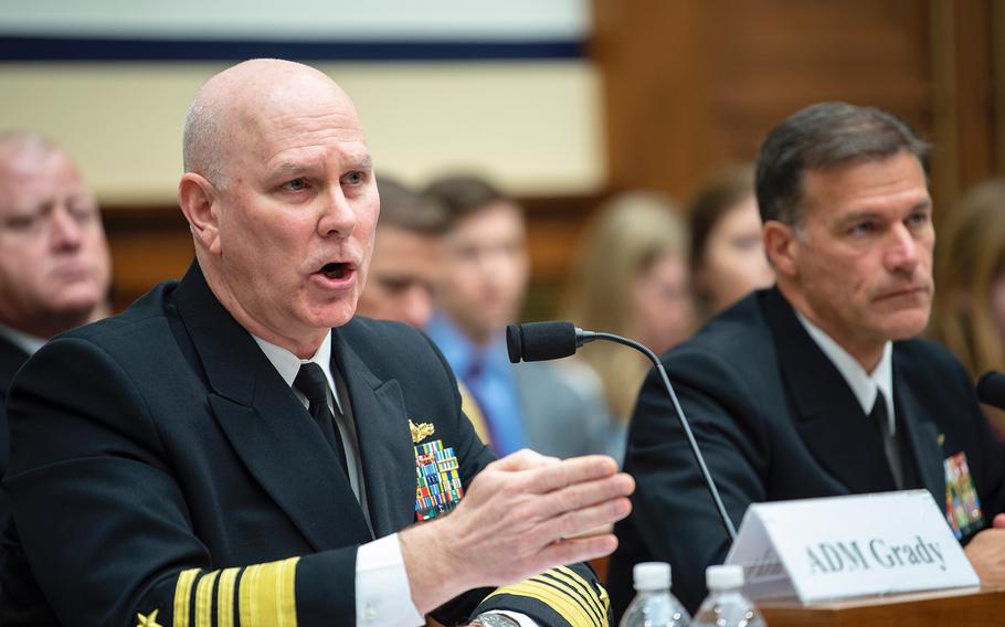 Commander of U.S. Fleet Forces Command and U.S. Naval Forces Northern Command Adm. Christopher Grady testifies before a House Armed Services Committee subpanel on readiness during a hearing on Capitol Hill in Washington on Feb. 26, 2019. “We know what the requirement is and if they’re not ready, they’re not going,” Grady said of Navy ships not ready to deploy. Looking on at right is Commander of U.S. Pacific Fleet Adm. John Aquilino.