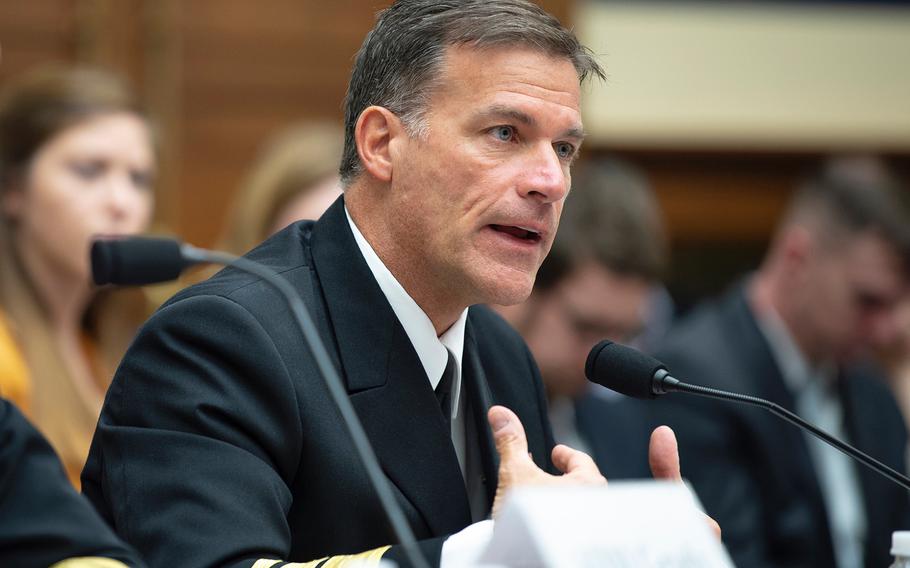 Commander of U.S. Pacific Fleet Adm. John Aquilino testifies before a House Armed Services Committee subpanel on readiness during a hearing on Capitol Hill in Washington on Feb. 26, 2019. “If the ships in the Pacific Fleet are not ready to safely sail, they don’t get underway," Aquilino said in response to questioning.