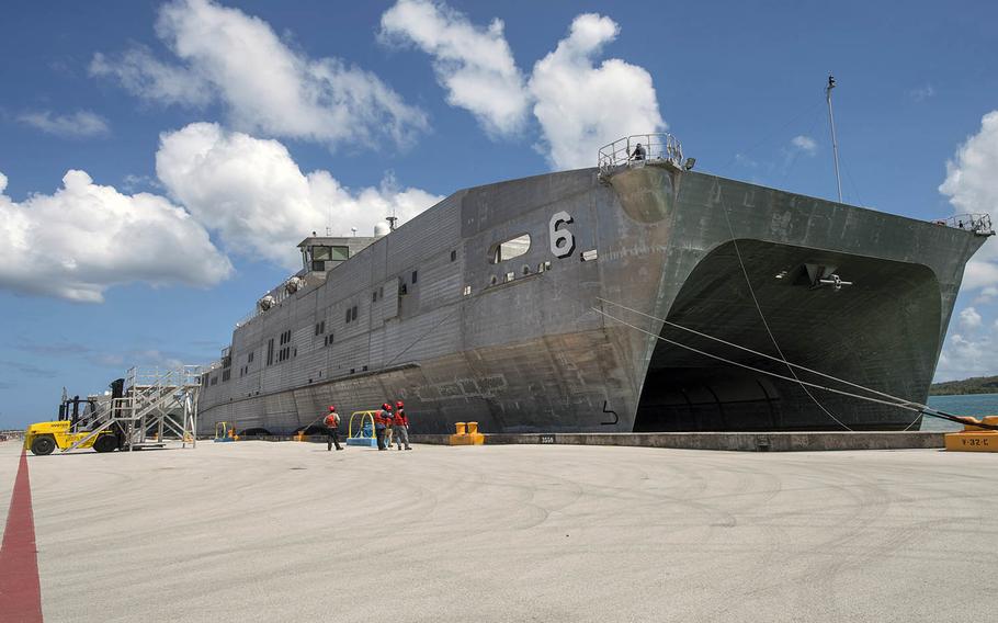 The fast-transport ship USNS Brunswick, shown here March 16, 2018, in Guam, set sail Monday, March 4, 2019, for the mulitnational Pacific Partnership operation.