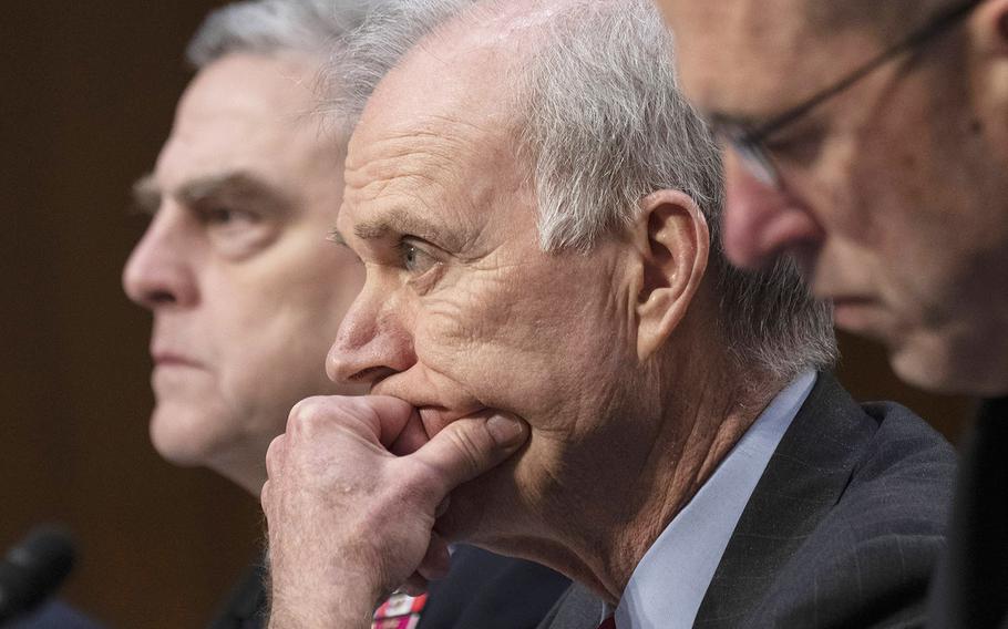Navy Secretary Richard V. Spencer, center, listens to opening statements during a Senate Armed Services Committee hearing on military housing problems, March 7, 2019, on Capitol Hill. Next to him are Army Chief of Staff Gen. Mark A. Milley, left, and Chief of Naval Operations Adm. John M. Richardson.
