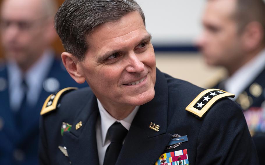Commander of the U.S. Central Command Gen. Joseph Votel smiles on Thursday, March 7, 2019, before the start of a House Armed Services Committee hearing on Capitol Hill in Washington.