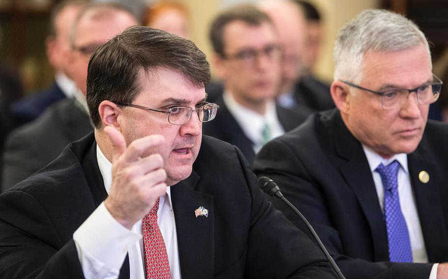 Secretary of Veterans Affairs Robert Wilkie testifies before the Senate Veterans Affairs Committee on Tuesday, March 26, 2019, during a hearing on Capitol Hill in Washington. During his testimony, Wilkie said he recommended the Justice Department not pursue a court ruling that could extend benefits to Vietnam veterans who served on ships offshore during the war.
