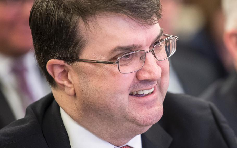 Secretary of Veterans Affairs Robert Wilkie testifies before the Senate Veterans Affairs Committee on Tuesday, March 26, 2019, during a hearing on Capitol Hill in Washington. After the hearing, Wilkie answered questions about reports that he was seeking to become the next Defense secretary. “I’m very happy at VA,” Wilkie said. “I’m not planning on leaving anytime soon.”