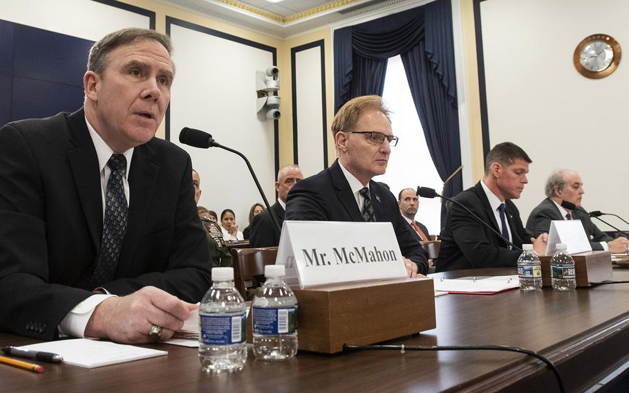 Assistant Secretary of Defense for Sustainment Robert H. McMahon testifies at a House Armed Services Readiness subcommittee hearing on family housing programs, April 4, 2019 on Capitol Hill. Joining him at hte witness table are, left to right, Under Secretary of the Navy Thomas Modly, Assistant Secretary of the Air Force for Installations, Environment and Energy John W. Henderson and Assistant Secretary of the Army for Installations, Energy and Environment Alex A. Beehler.