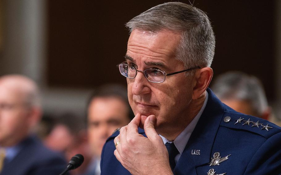 Commander of the U.S. Strategic Command Gen. John Hyten listens to a question while testifying on Thursday, April 11, 2019, during a Senate Armed Services Committee hearing on Capitol Hill in Washington. 
