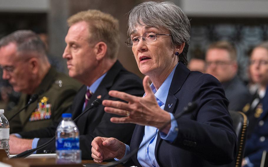 Secretary of the Air Force Heather Wilson, testifies on Thursday, April 11, 2019, during a Senate Armed Services Committee hearing on Capitol Hill in Washington. Also testifying at left are Acting Secretary of Defense Patrick Shanahan and Chairman of the Joint Chiefs of Staff Gen. Joseph Dunford.