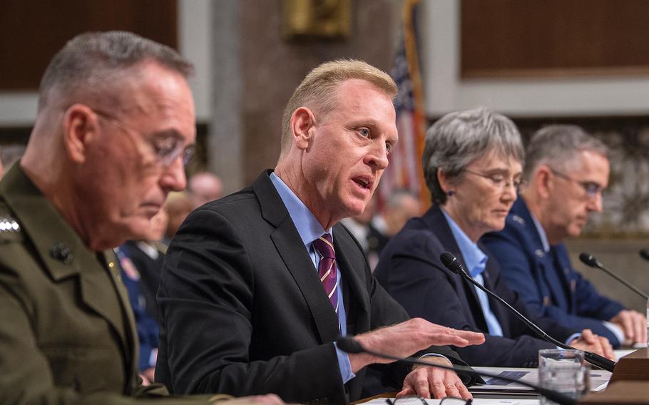 Acting Secretary of Defense Patrick Shanahan testifies on Thursday, April 11, 2019, during a Senate Armed Services Committee hearing on Capitol Hill in Washington. Also testifying are Chairman of the Joint Chiefs of Staff Gen. Joseph Dunford, left, Secretary of the Air Force Heather Wilson and Commander of the U.S. Strategic Command Gen. John Hyten.
