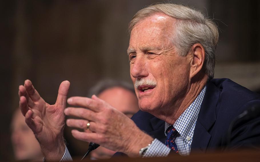 Sen. Angus King, D-Maine, asks a question during a Senate Armed Services Committee hearing on Capitol Hill in Washington on Thursday, April 11, 2019. King expressed qualms he has about "a new bureaucracy that is going to cost us half-a-billion dollars a year," he said in reference to plans to create a new Space Force command.