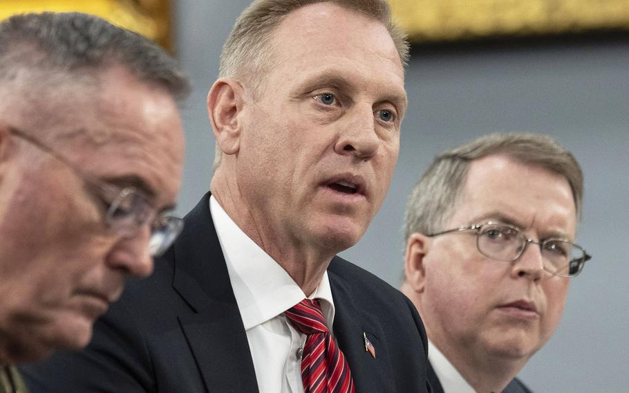 Acting Secretary of Defense Patrick Shanahan testifies at a House Appropriations subcommittee hearing on the DOD budget on Capitol Hill in Washington on May 1, 2019. With him are Chairman of the Joint Chiefs of Staff Gen. Joseph Dunford, left, and DOD Comptroller David Norquist.