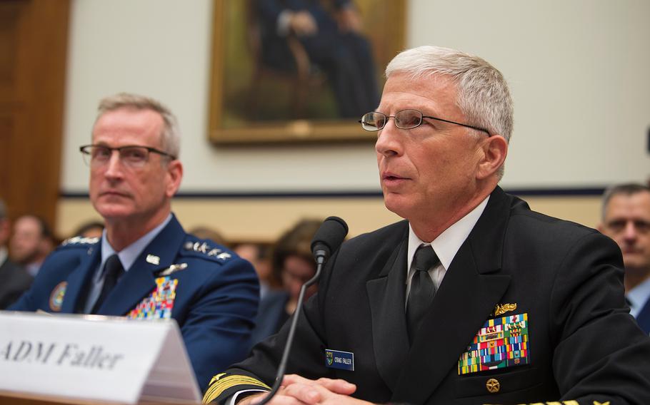 Adm. Craig Faller, commander of the U.S. Southern Command, right, testifies during a House Armed Services Committee hearing on Capitol Hill in Washington on Wednesday, May 1, 2019, as Gen. Terrence John O'Shaughnessy, commander of the U.S. Northern Command, looks on.