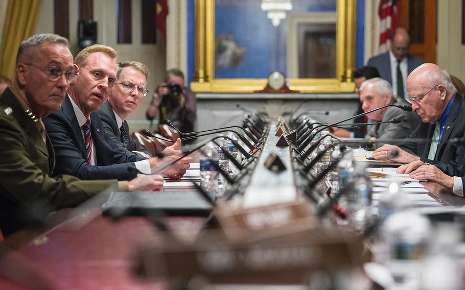 Acting Defense Secretary Patrick Shanahan, center left, answers questions during a Senate Appropriations subcommittee hearing on Capitol Hill in Washington on Wednesday, May 8, 2019. Looking on are Chairman of the Joint Chiefs of Staff Gen. Joseph Dunford and Under Secretary of Defense David Norquist, the DOD's chief financial officer. A panel of committee members at right include from left, Sen. Brian Schatz, D-Hawaii, Sen. Jack Reed, D-R.I., and Sen. Patrick Leahy, D-Vt.