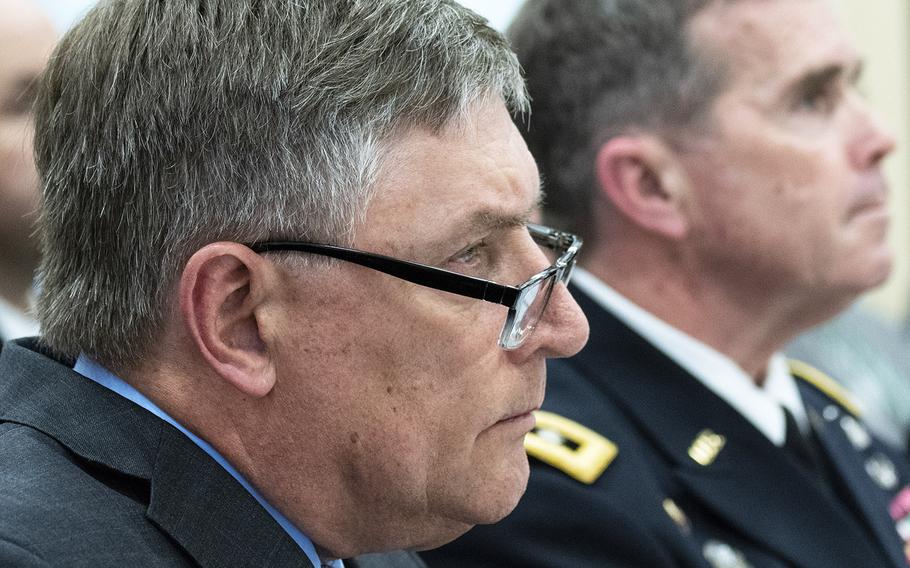 James N. Stewart, left, who is performing the Duties of the Undersecretary of Defense for Personnel and Readiness, listens during a House Armed Services Subcommittee on Military Personnel hearing on Capitol Hill, May 16, 2019. Next to him is Army Deputy Chief of Staff Lt. Gen. Thomas Seamands.