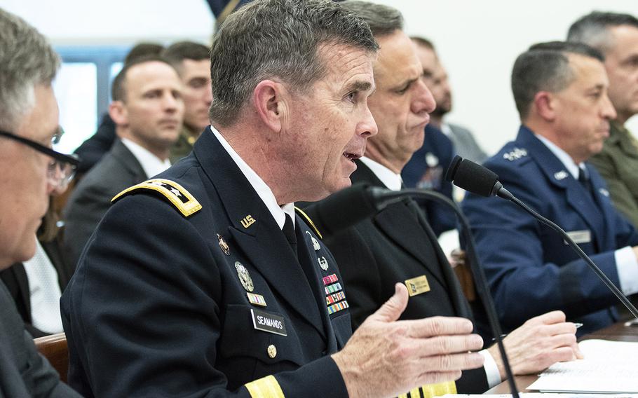 Army Deputy Chief of Staff Lt. Gen. Thomas Seamands answers a question during a House Armed Services Subcommittee on Military Personnel hearing on Capitol Hill, May 16, 2019.
