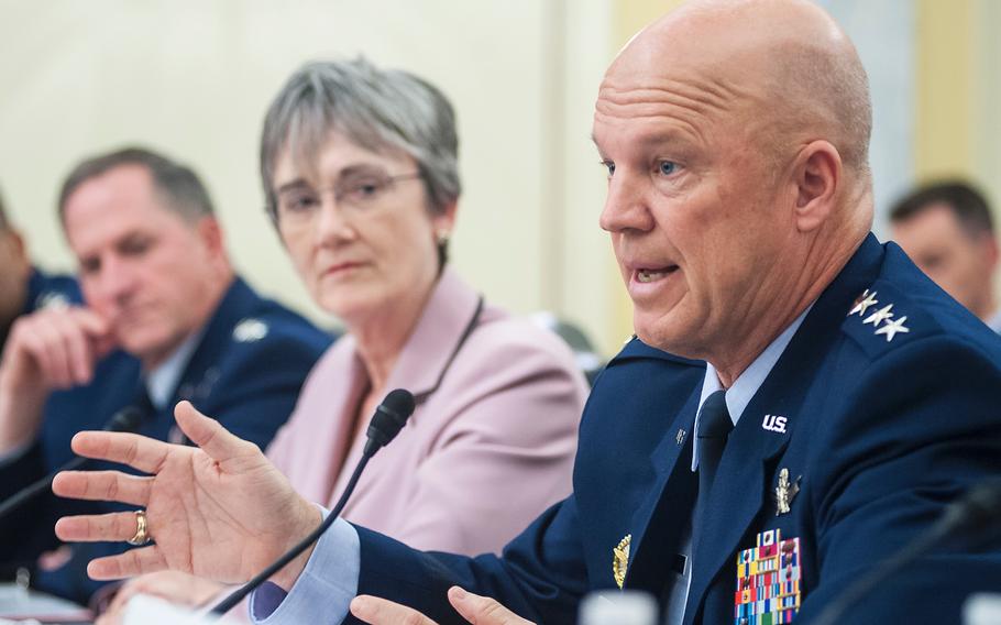 Gen. John Raymond, commander of the Air Force Space Command, testifies on May 17, 2017, during a Senate Armed Services subcommittee hearing on the U.S. military's space organization, policy and programs. Looking on are Secretary of the Air Force Heather Wilson and Air Force Chief of Staff Gen. David Goldfein.