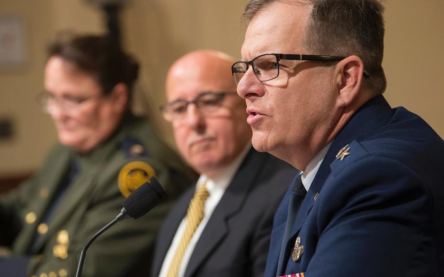 Maj. Gen. Michael McGuire, Arizona's Adjutant General, testifies during a House Homeland Security subcommittee hearing on Capitol Hill in Washington on Thursday, June 20, 2019. McGuire said having troops deployed to the U.S.-Mexico border does not "degrade readiness." Also testifying at left are Robert Salesses, Deputy Assistant Secretary of Defense for Homeland Defense Integration and Defense Support of Civil Authorities; and U.S. Border Patrol Chief Carla Provost.