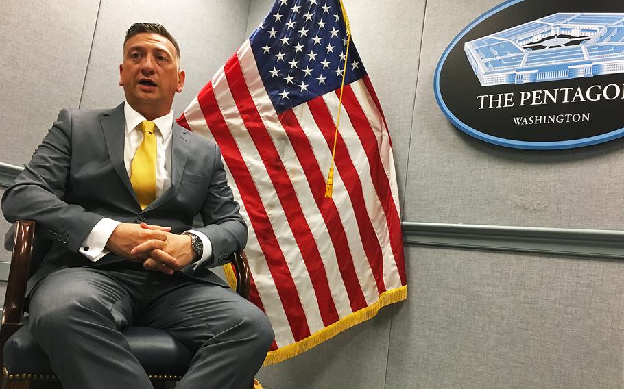 Former Army Staff Sgt. David Bellavia speaks to Stars and Stripes at the Pentagon on Monday, June 24, 2019 one day before he was to receive the Medal of Honor for his actions Nov. 10, 2004 in Fallujah, Iraq. He will become the first living recipient of the nation's highest military honor for actions in Iraq, nearly 15 years after fighting in the second battle of Fallujah.