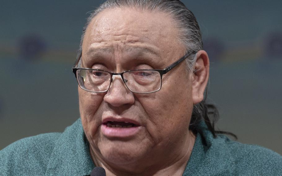 Manny Iron Hawk of the Cheyenne River Sioux Tribe speaks at a Capitol Hill press conference on the Remove the Stain Act on June 25, 2019.