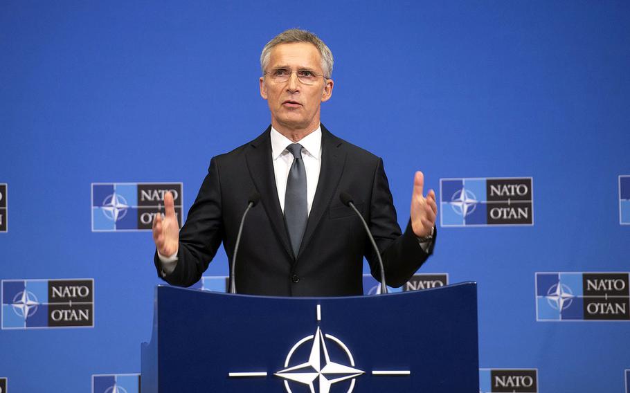 NATO Secretary-General Jens Stoltenberg answers questions at a news conference at the organization's headquarters in Brussels on Tuesday, June 25, 2019, ahead of a meeting of NATO defense ministers.