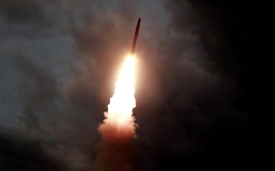 A North Korean missile is launched in this undated photo from the Korean Central News Agency.
