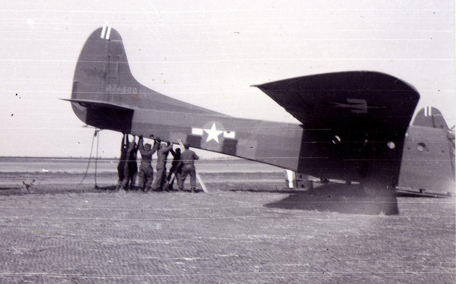 An Air Force crew works on a glider, an engineless aircraft, in 1943. Ben Reise, who was a staff sergeant at the time, was the flight chief of the glider section of his regiment. He would later earn a bronze star for his role in the air borne invasions of Southern France and the Netherlands.