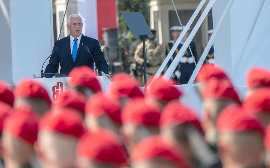 Vice President Mike Pence speaks during a ceremony honoring the 80th anniversary of the start of World War II in Warsaw, Poland, Sunday, Sept. 1, 2019