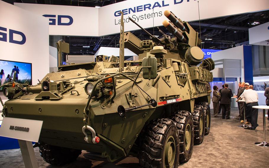 A General Dynamics Initial-Maneuver-Short Range Air Defense vehicle (IM-SHORAD) is displayed at the annual AUSA convention in Washington, D.C., on Tuesday, Oct. 15, 2019.