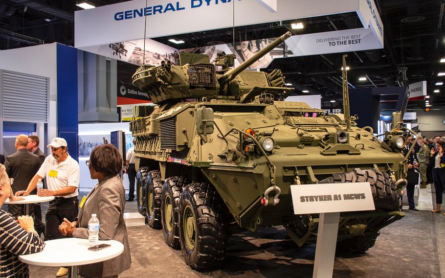 A General Dynamics Stryker A1 Medium Caliber Weapon Systems vehicle is displayed at the annual AUSA convention in Washington, D.C., on Tuesday, Oct. 15, 2019.