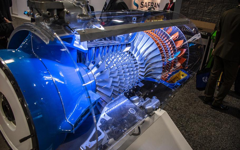 A Honeywell T55 turboshaft engine on display at the annual AUSA convention in Washington, D.C., on Tuesday, Oct. 15, 2019.