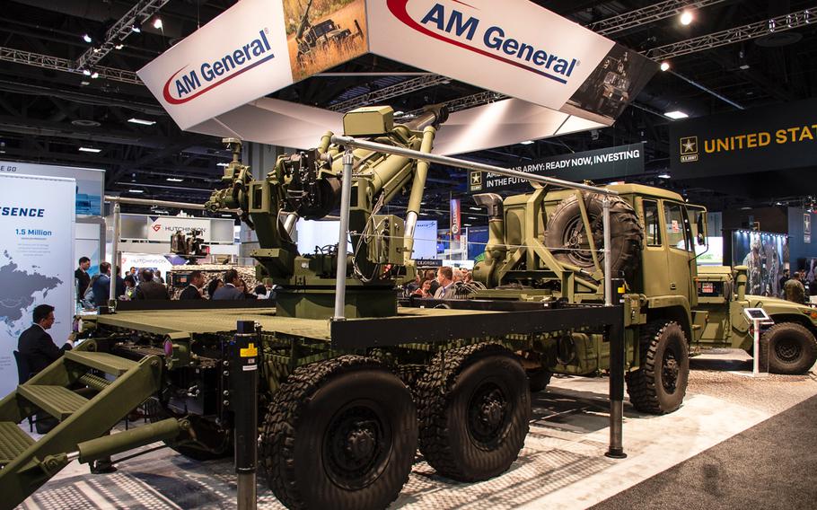 AM General's Brutus 155mm self-propelled mobile gun takes up a portion of the exhibition hall at the annual AUSA convention in Washington, D.C., on Tuesday, Oct. 15, 2019.