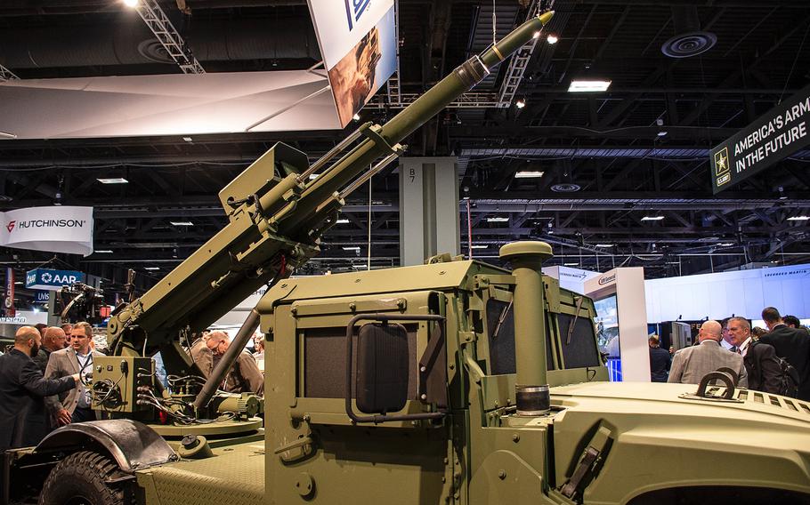 An HMMWV Hawkeye mobile weapons system is displayed at the annual AUSA convention in Washington, D.C., on Tuesday, Oct. 15, 2019.