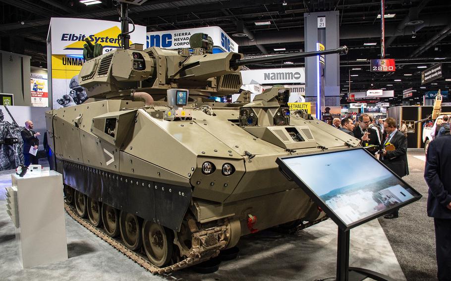 An Elbit Systems tracked armored fighting vehicle, developed as a future combat vehicle that features autonomous capabilities and artificial intelligence, is displayed at the annual AUSA convention in Washington, D.C., on Tuesday, Oct. 15, 2019.