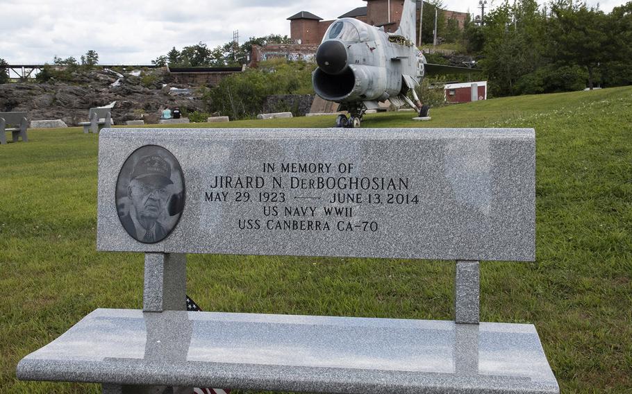 A granite bench at the Veterans Memorial Park in Lewiston, Maine, honors the memory of Jerry DerBoghosian, a local veteran activist whose projects included an annual ceremony honoring hte crew of the USS Thresher.