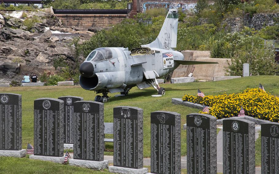 An A-7D Corsair attack aircraft, last flown in Panama in 1991, is the centerpiece of the Veterans Memorial Park in Lewiston, Maine.