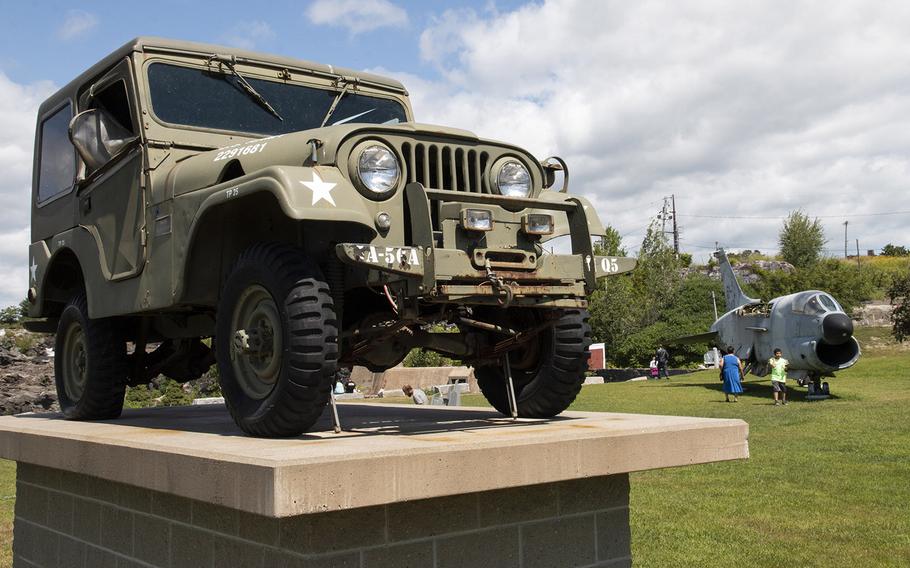 A Jeep, presented by local residents Dolard and Priscilla Gendron, is among the military items on display at Veterans Memorial Park in Lewiston, Maine, in August, 2019.
