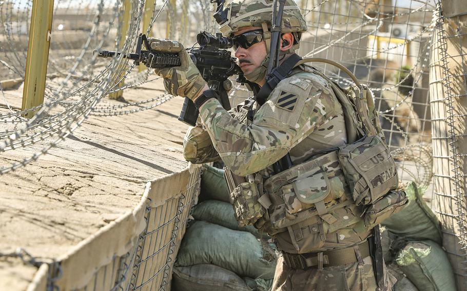 Sgt. Cory Castillo, a Cavalry Scout assigned to the 1-108th Cavalry Regiment of the 48th Infantry Brigade Combat Team, provides security during a key leader engagement in Kapisa province, Afghanistan, in February, 2019.