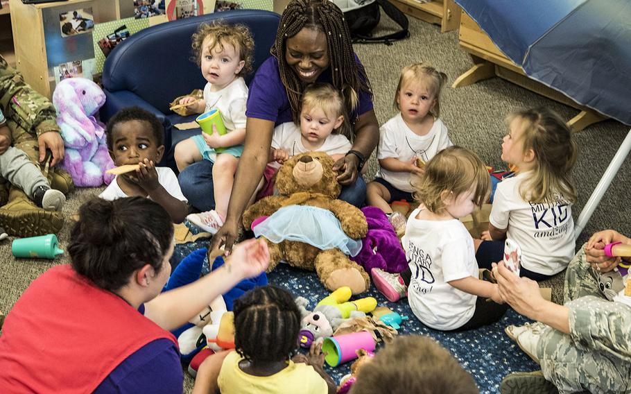 Children take part in the Teddy Bear Picnic, April 26, 2019, at Moody Air Force Base, Ga. The Air Force has requested $20 million in its fiscal 2022 proposed budget for only one child-care development center to be replaced at Sheppard Air Force Base in Wichita Falls, Texas, despite a Defense Department report last year identifying more than 70 service child-care facilities need upgrades.