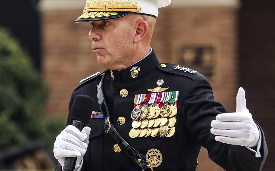 Gen. David Berger, 38th commandant of the Marine Corps, speaks during a passage of command ceremony at Marine Barracks in Washington in July. 