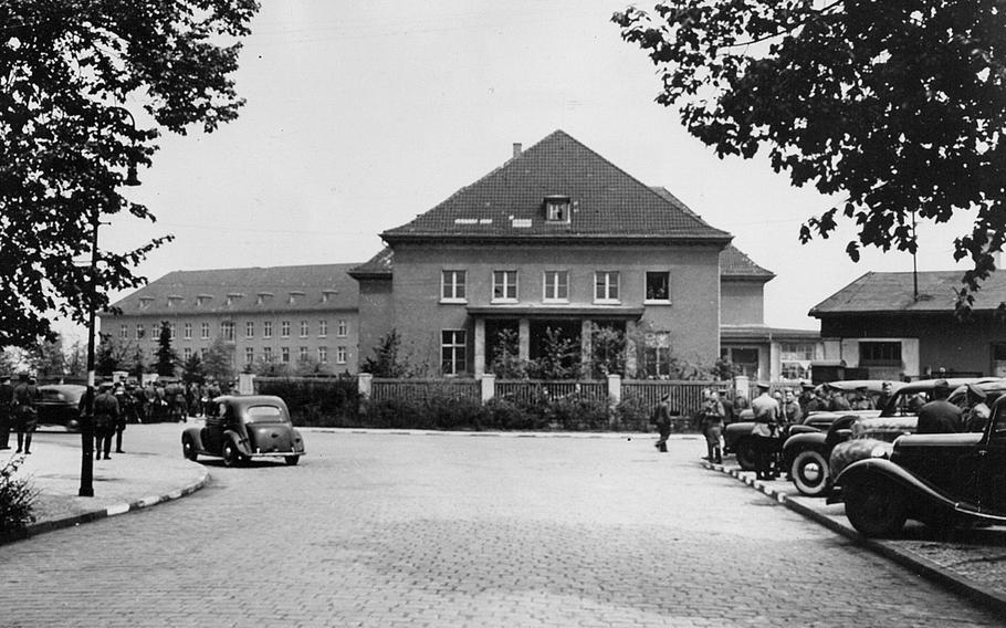 Used as Russian headquarters, this Great Hall of the German Military Engineering, Berlin, was the site of the signing of the surrender agreement in the German capital, May 9, 1945.

