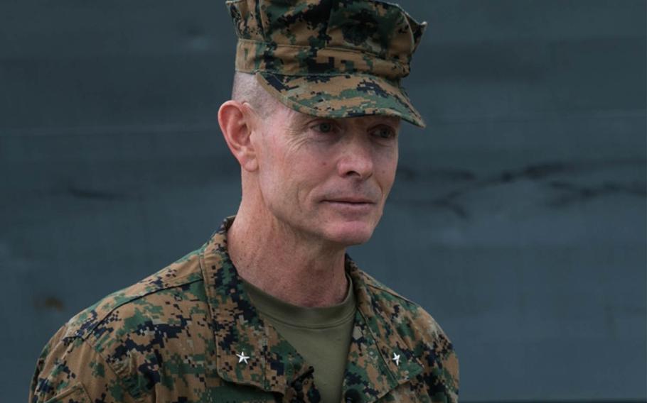 U.S. Marine Brig. Gen. Stephen M. Neary, then the 2nd Marine Expeditionary Brigade commanding general, answers questions during an interview at Morehead City, N.C., Sept. 28, 2018. Neary has been relieved of duty after an investigation found he used a racial slur in front of Marines.